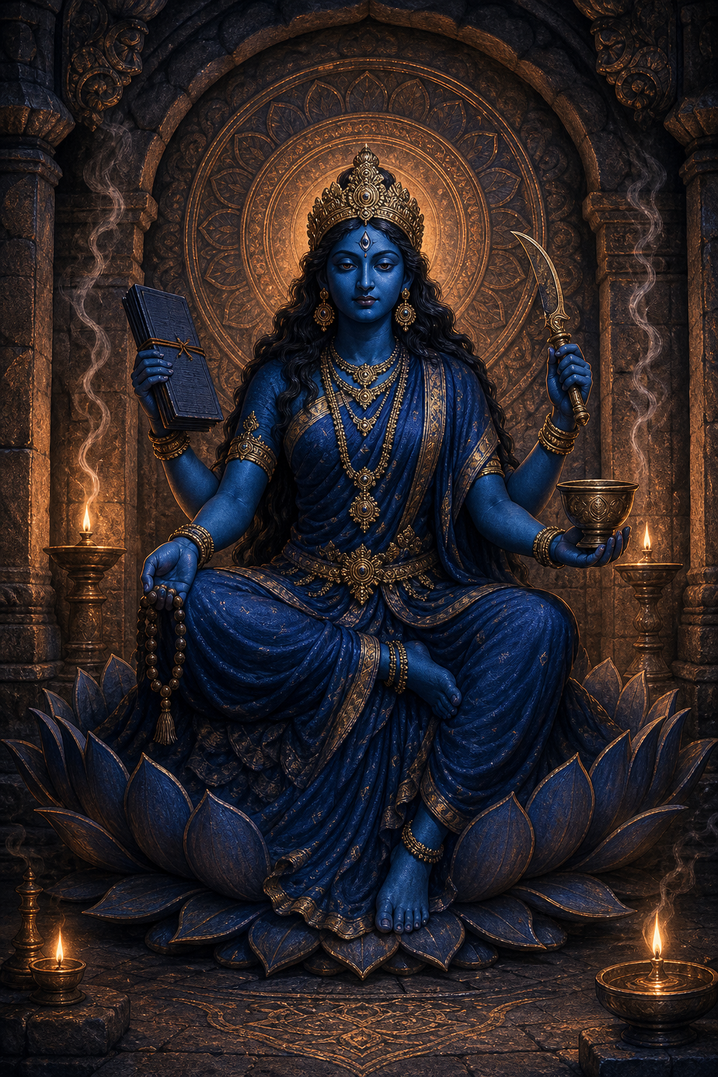 A three-eyed indigo goddess sits in a stone sanctuary, with her posture, four hands, ritual objects, lotus base, halo, and lamp smoke arranged as a unified composition.