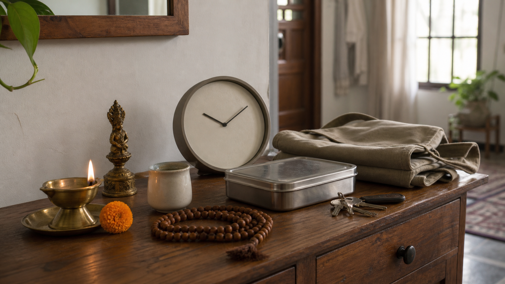 A simple prayer arrangement with an oil lamp, flower, water, and beads sits beside keys, a lunch container, and a work bag.