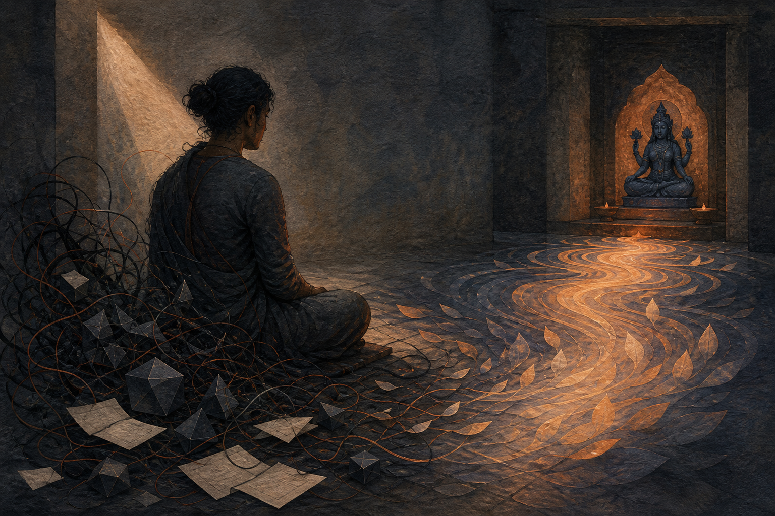 A seated contemplative faces a small indigo goddess image as tangled threads and scattered blank leaves resolve into an ordered luminous spiral.