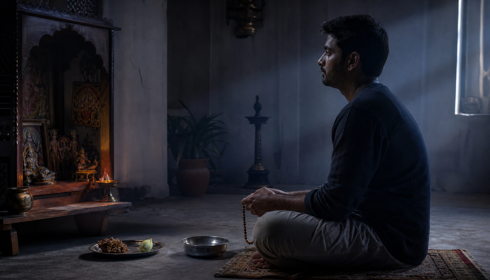 A subdued devotee sits with prayer beads before a small altar, a low oil-lamp flame, and both a wilted flower and a fresh bud.