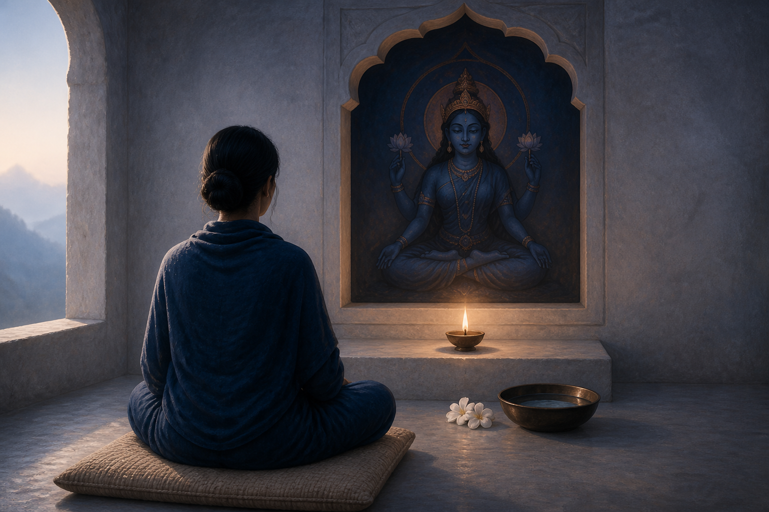 A person sits on a woven cushion facing a small indigo goddess icon, an oil lamp, a bowl of water, and white flowers in a quiet dawn alcove.