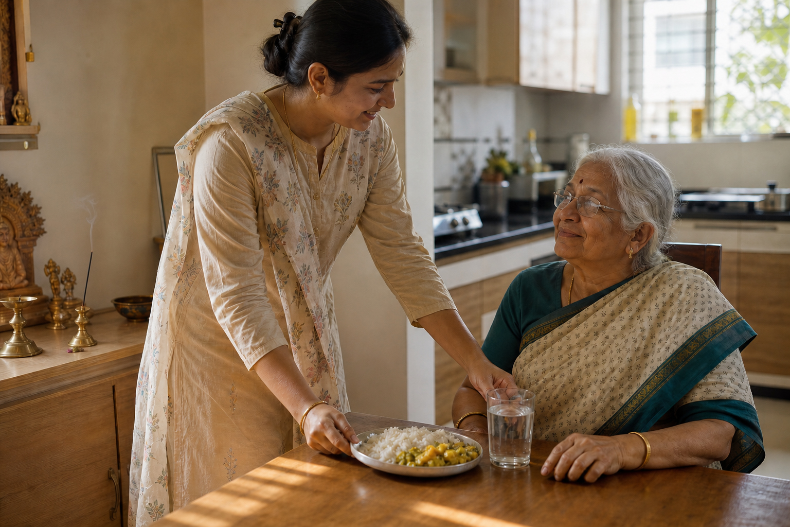 A person serves a simple meal and water to an elderly family member while a home prayer space is visible in the background.