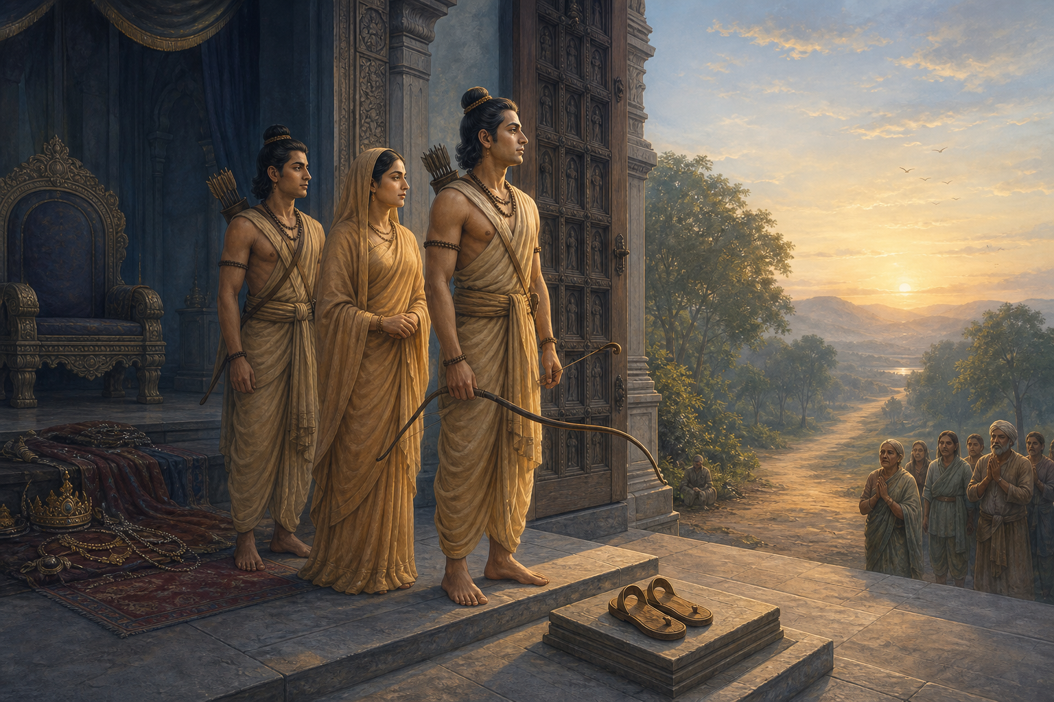 Rama in forest clothing stands with Sita and Lakshmana at an Ayodhya palace gate, facing an open road while an empty throne remains behind them.