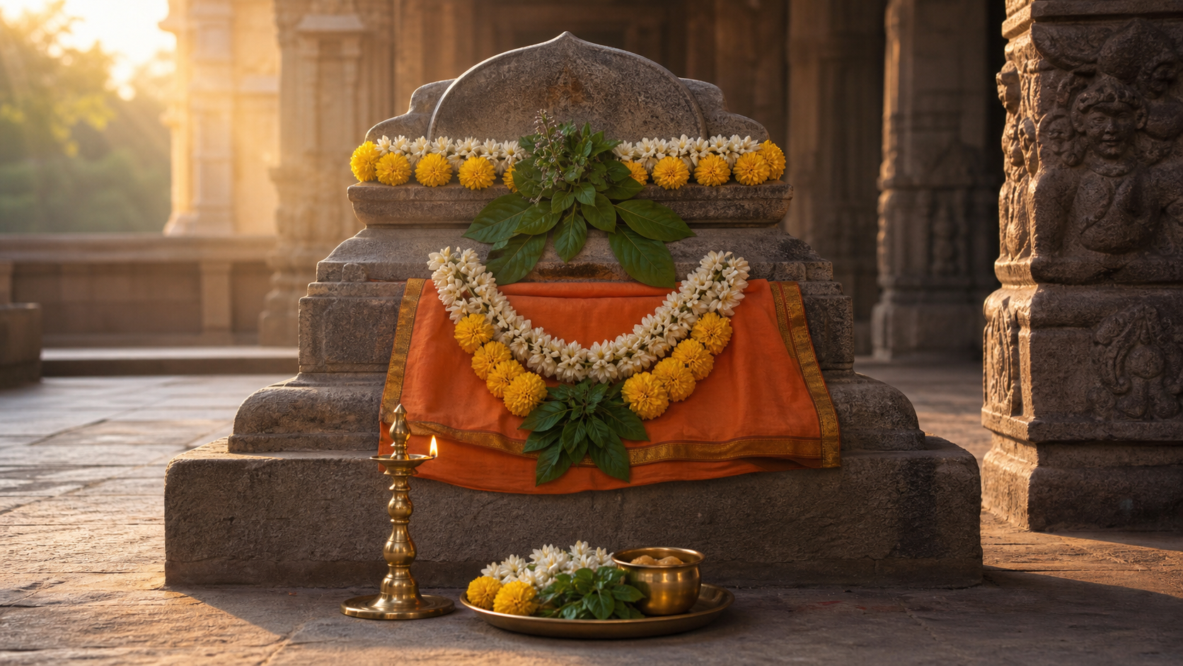 A flower-decorated stone Brindavana shrine with tulsi leaves, a brass oil lamp, and a simple offering plate in warm morning light.