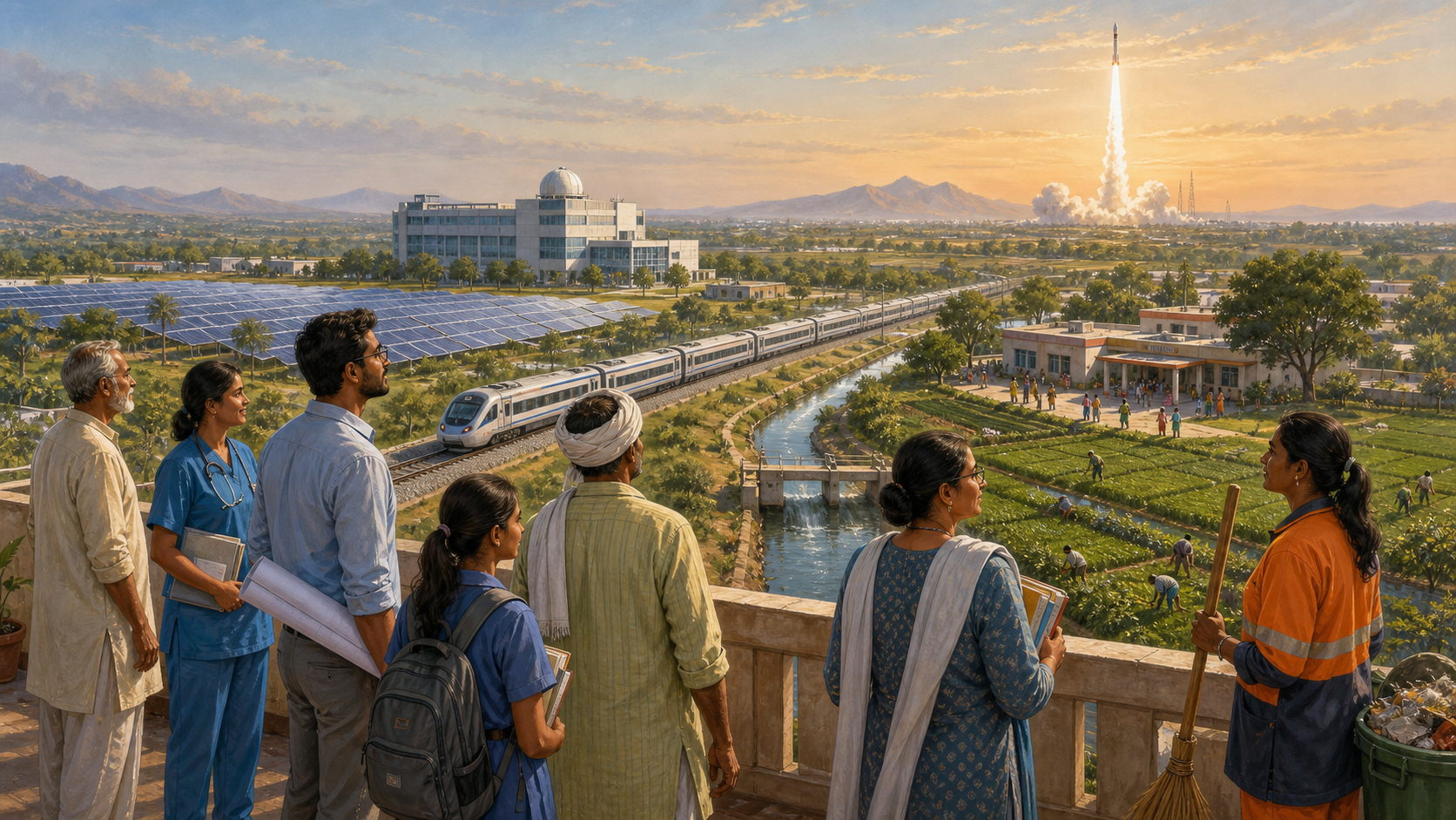 Indian citizens from several professions overlook trains, solar panels, farms, a health centre, a research facility, and a distant rocket launch.