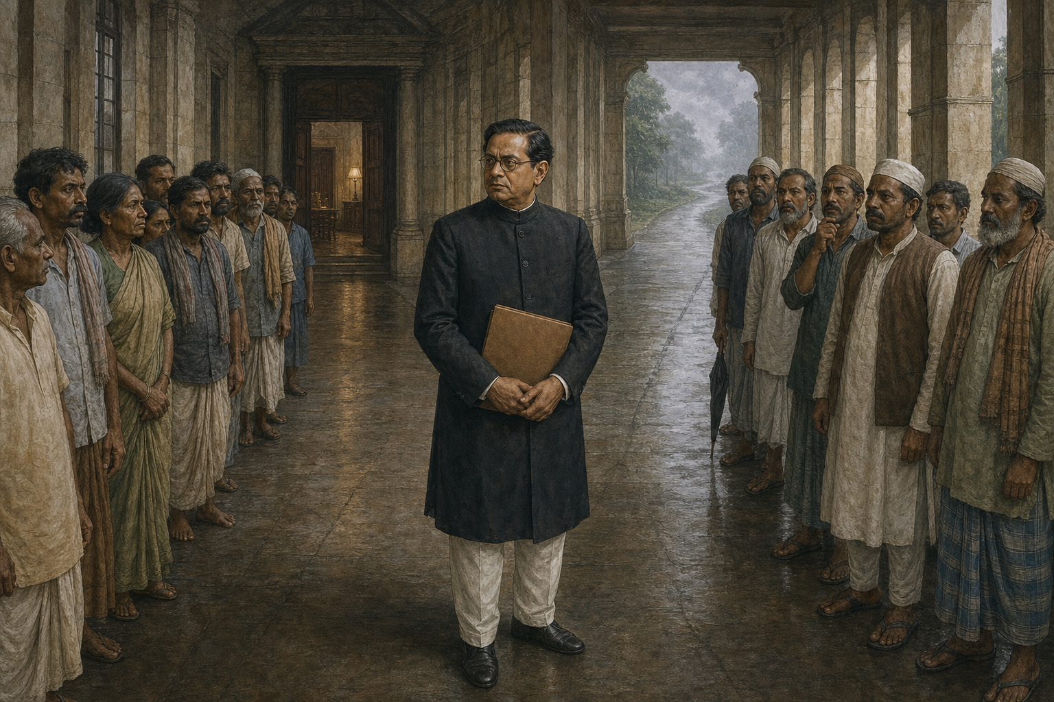 Editorial illustration of a Bengali statesman holding a document folder where a government corridor divides, with groups of cultivators, laborers, and political supporters behind him.