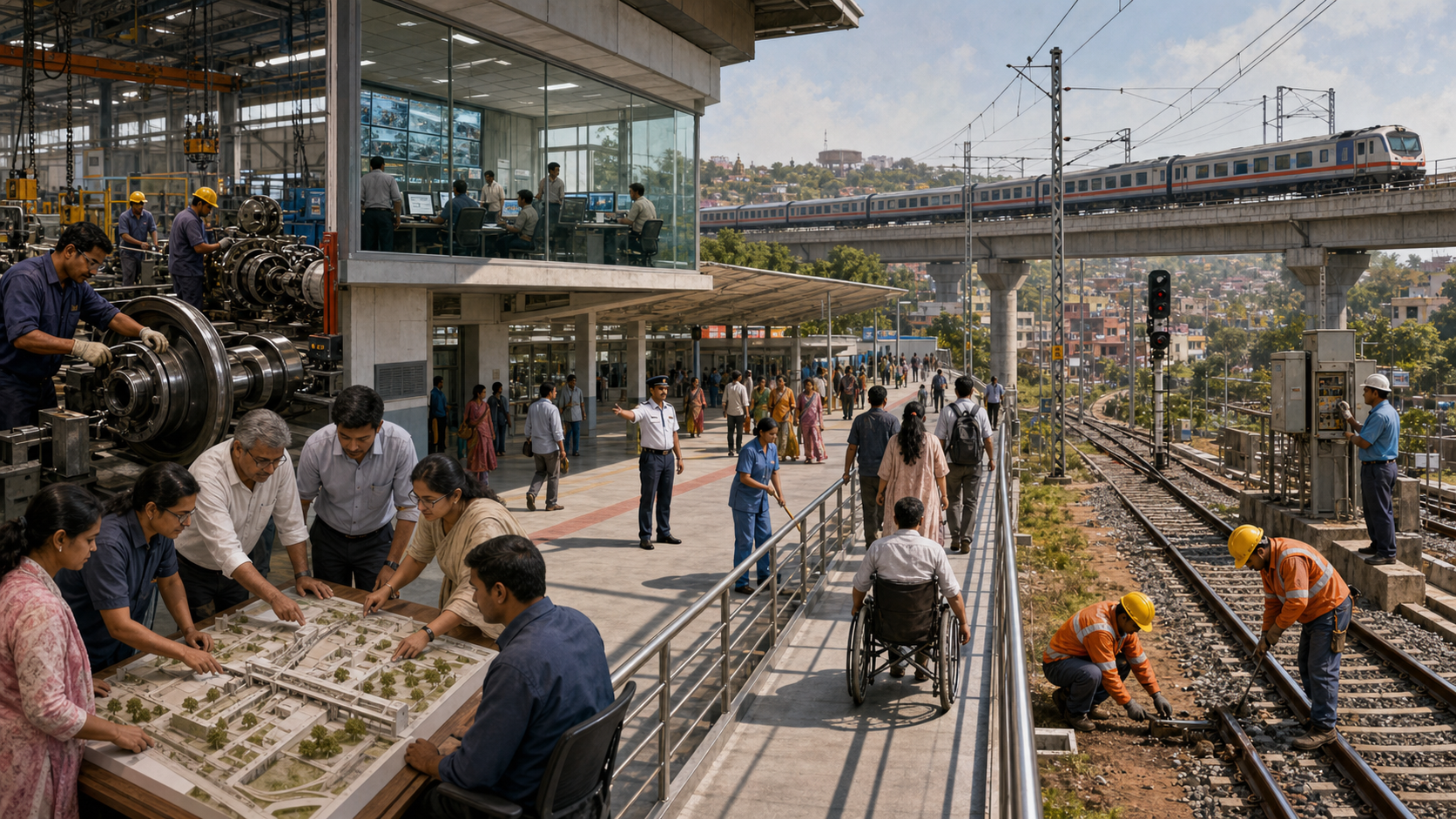 Railway workers, engineers, cleaners, station staff, and passengers take part in the connected system supporting an Indian passenger train.
