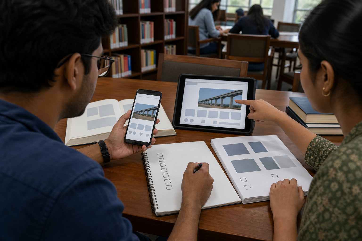 Two people at a library table compare a photograph across several sources before sharing a claim online.