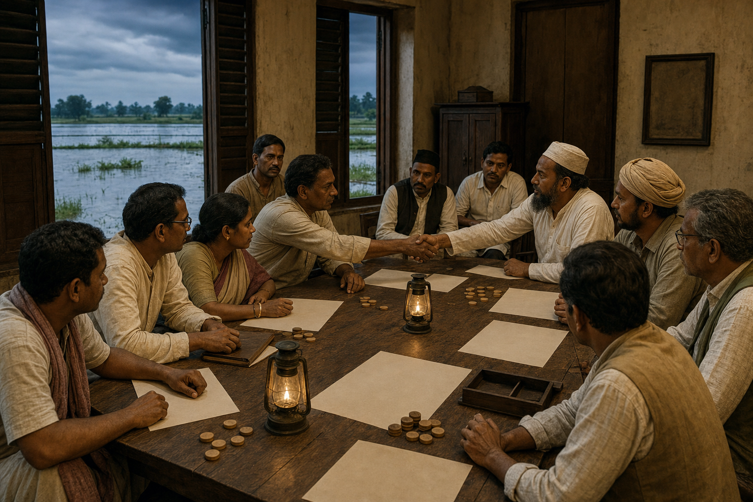 Historical editorial scene of Dalit organizers, Muslim peasant representatives, and political workers negotiating around a wooden table in Bengal.
