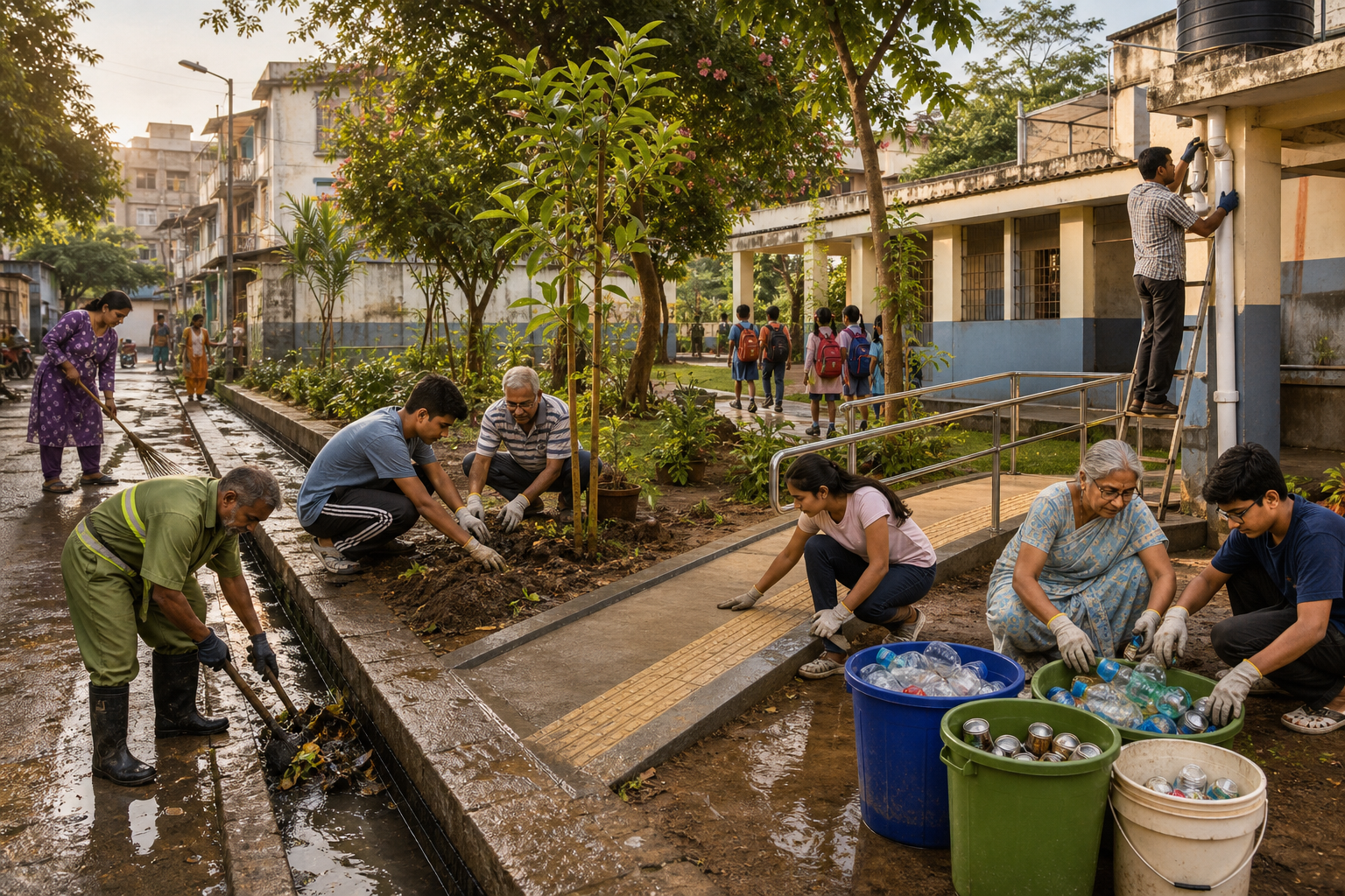 Residents of different ages improve a neighborhood public space by clearing a drain, planting trees, repairing a path, and maintaining rainwater equipment.