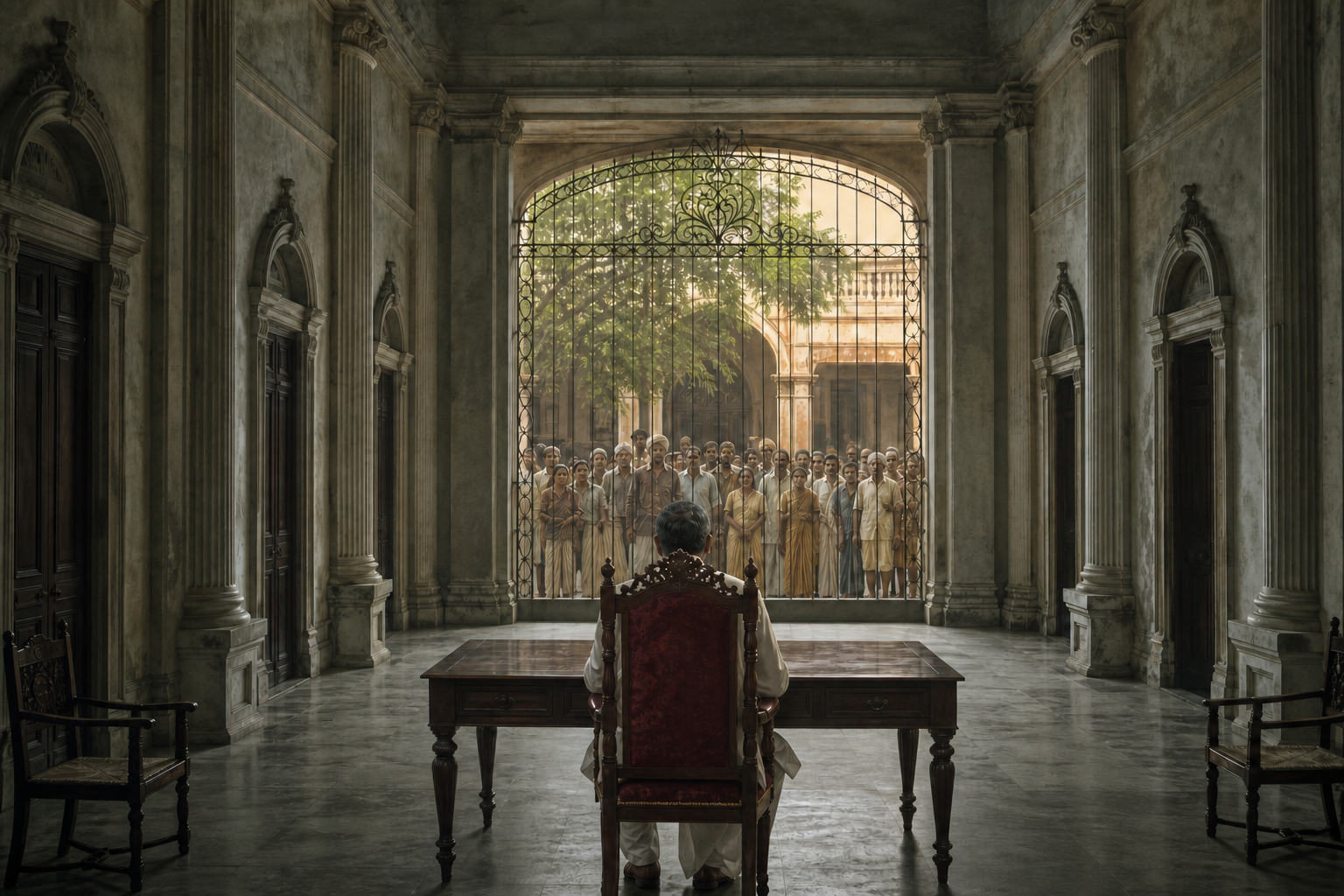 A lone cabinet minister sits in a large government chamber while a community waits beyond a distant partition in a sunlit courtyard.