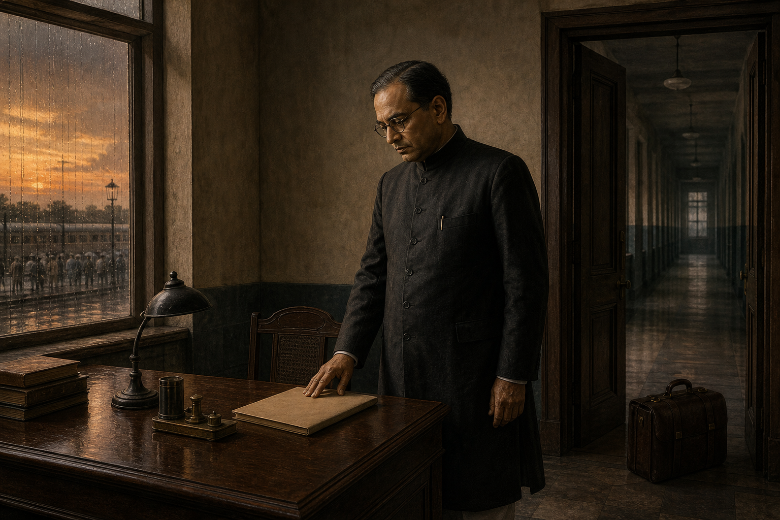 Editorial illustration of a Bengali statesman leaving a government office at dusk, with an unmarked folder on the desk and a travel valise near the door.