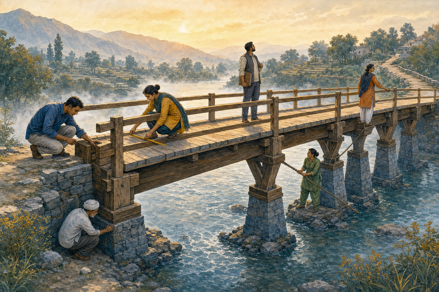 A diverse group of civic representatives inspects six structural supports on a bridge before crossing toward the far bank.