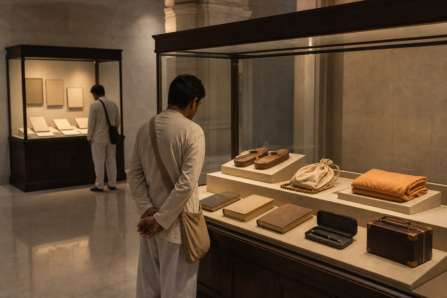 A visitor examines devotional objects, travel items, cloth, and bound volumes displayed in a softly lit museum gallery.