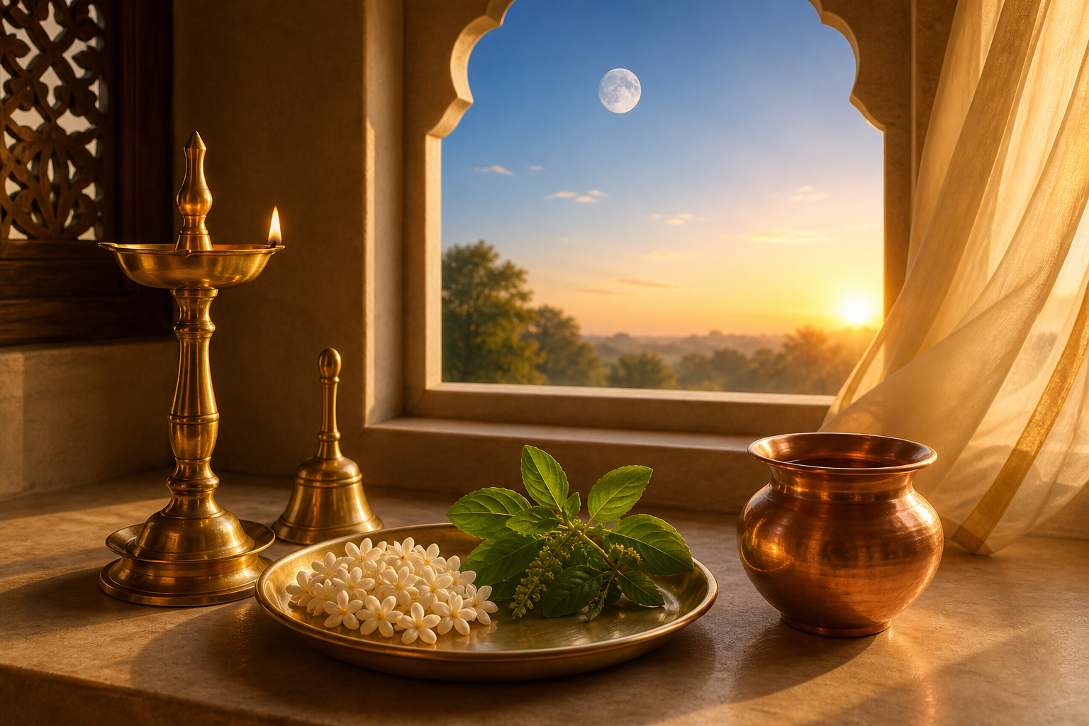 A brass oil lamp, bell, tulsi leaves, jasmine flowers, and copper vessel arranged for worship beside a window at sunrise, with a waxing moon in the sky.