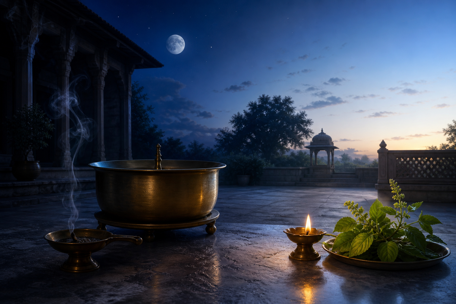 A moonlit Indian courtyard gradually brightens toward dawn, with an unmarked brass water clock and oil lamps suggesting an early-morning transition.