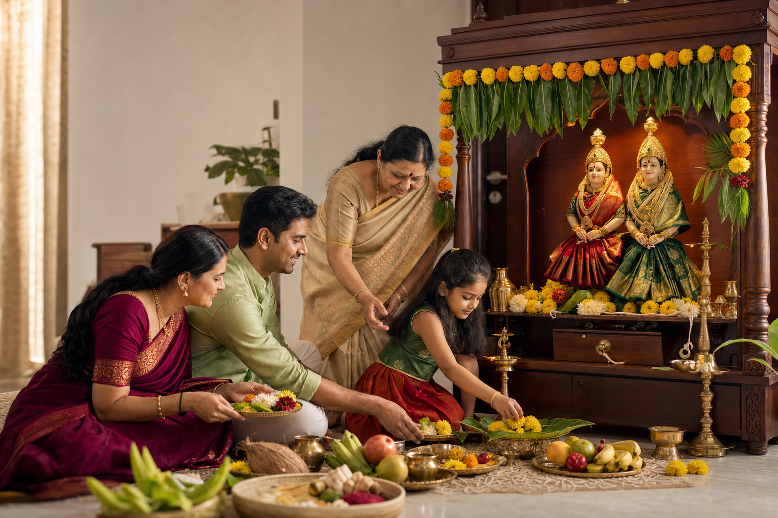 Three generations of a family prepare flowers and puja items beside a decorated household shrine with a pair of Gauri representations.