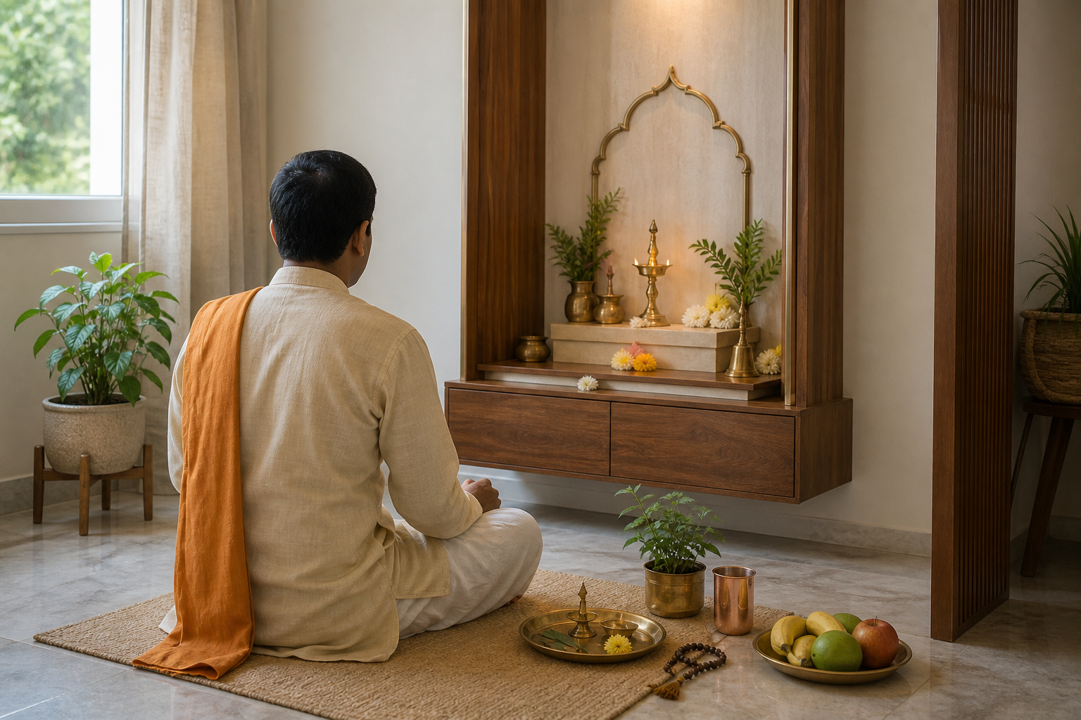 A worshipper sits in quiet prayer at a home altar with a brass lamp, tulsi leaves, flowers, water, prayer beads, and fruit.