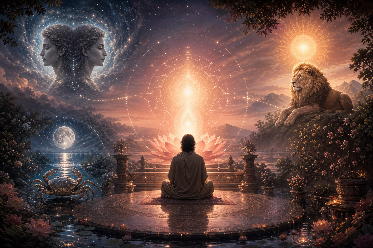 A meditating devotee faces a luminous lotus presence surrounded by twin profiles, a moonlit crab, and a sunlit lion representing Gemini, Cancer, and Leo.