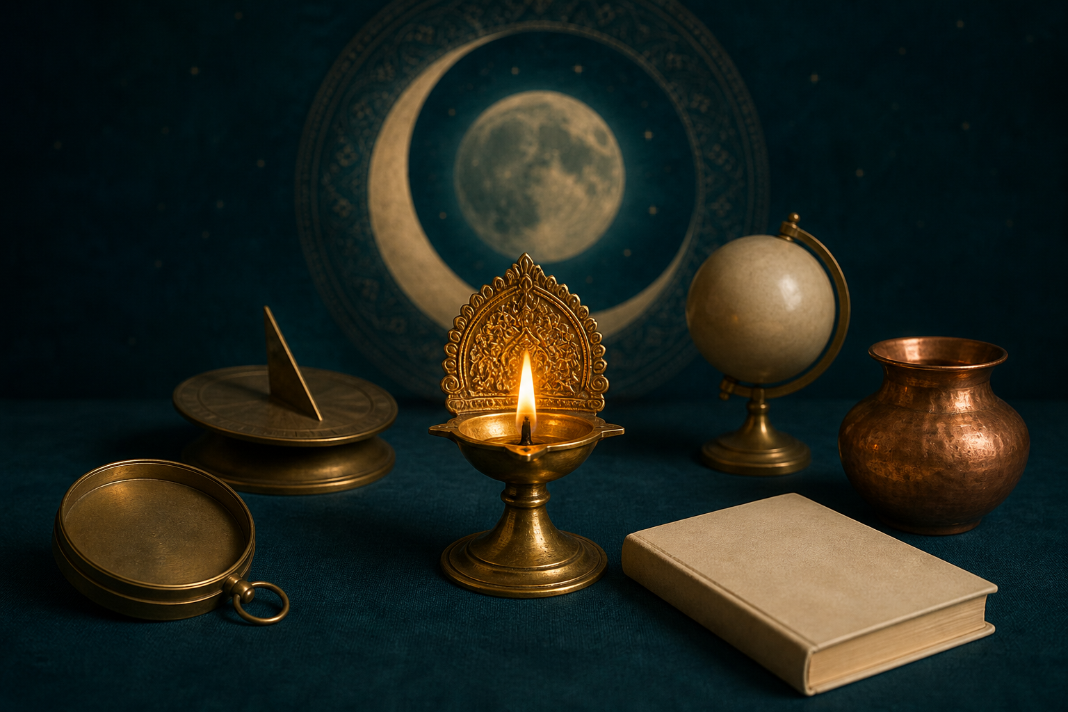 A brass oil lamp stands among an unmarked compass, sundial, blank almanac, small unlabeled globe, and copper vessel.