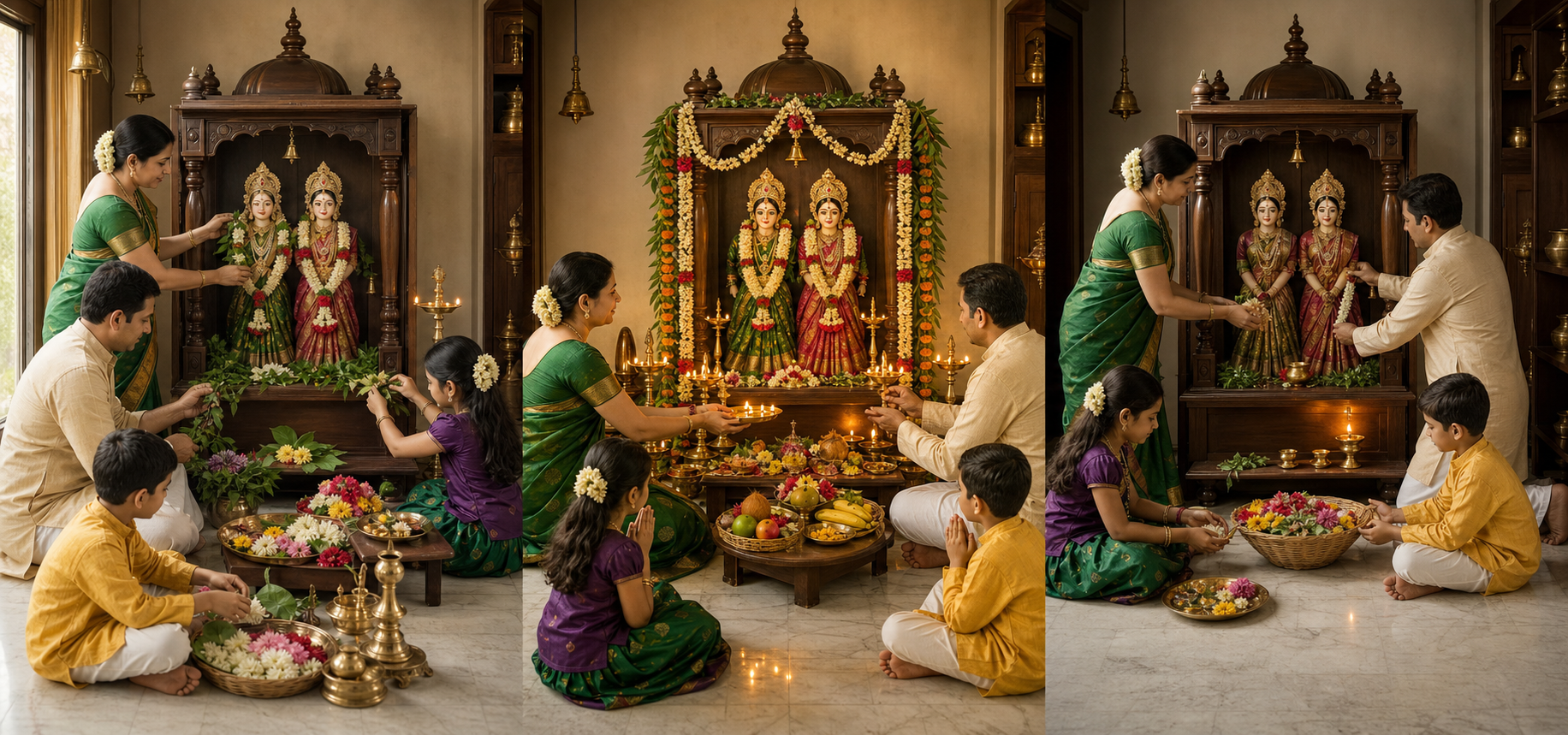A three-part scene shows a family welcoming Gauri, worshipping at the decorated shrine, and respectfully preparing for the concluding farewell.