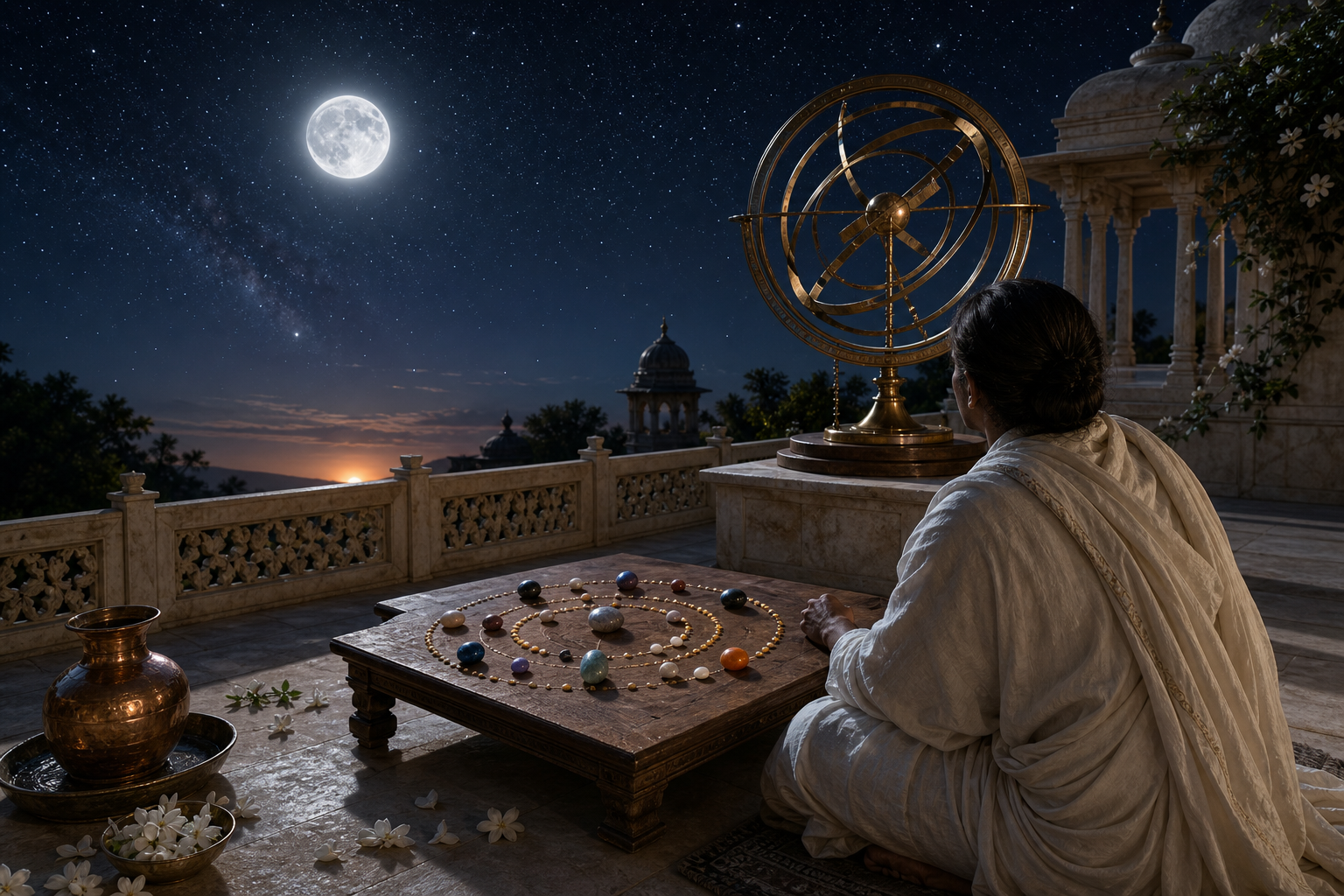 A practitioner studies the moon through a brass celestial instrument beside an unlabeled arrangement of planetary stones on a moonlit terrace.