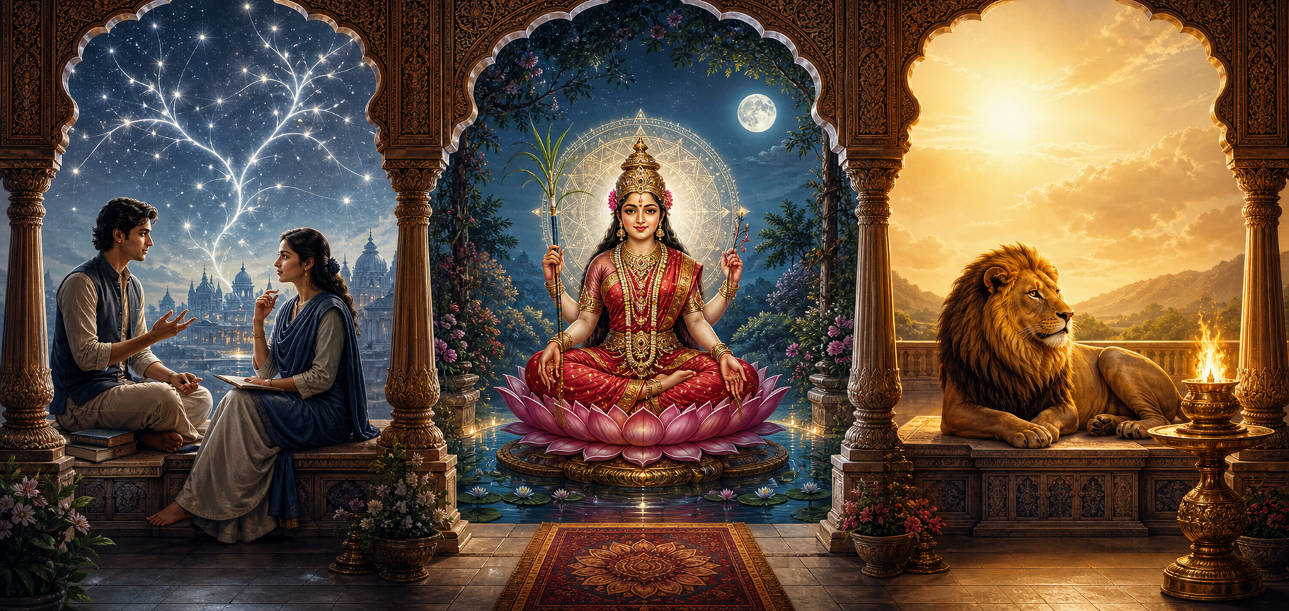 Three symbolic scenes show twin figures beneath branching light, Lalita Tripura Sundari in a moonlit lotus garden, and a lion beside a steady flame.