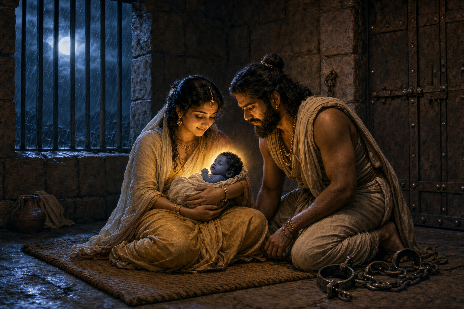Devaki and Vasudeva gaze at the newborn Krishna inside a stone prison cell at midnight.