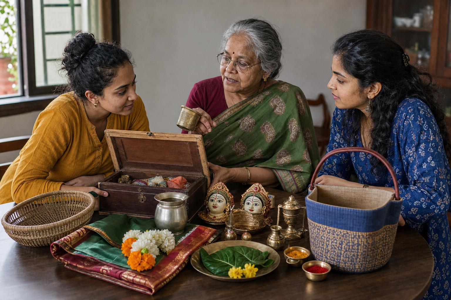 An elder shows two younger relatives stored Gauri worship objects and traditional puja materials at a table.