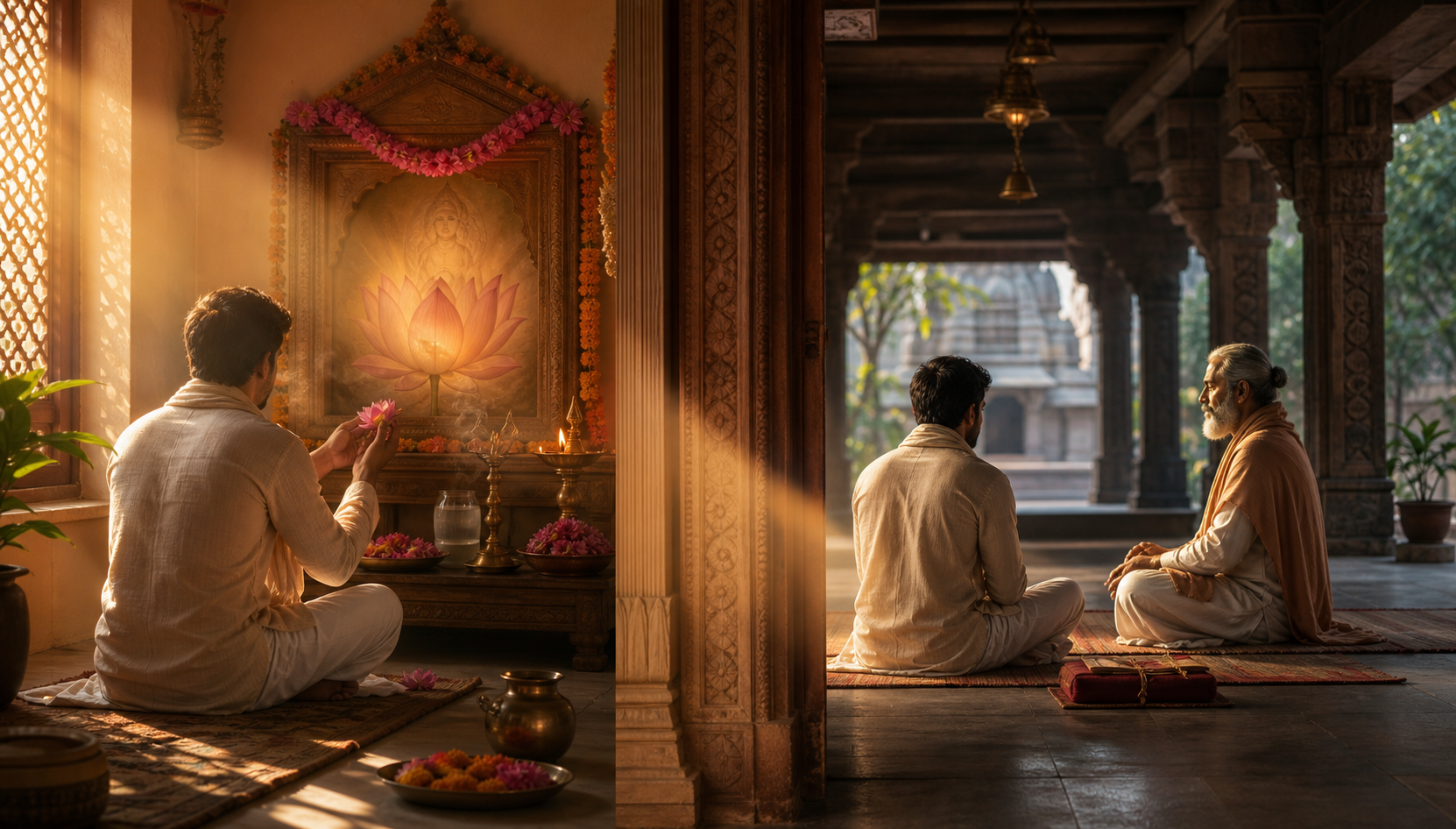 One devotee makes a simple flower and lamp offering at a household shrine while another sits with a teacher beside a closed scripture bundle.