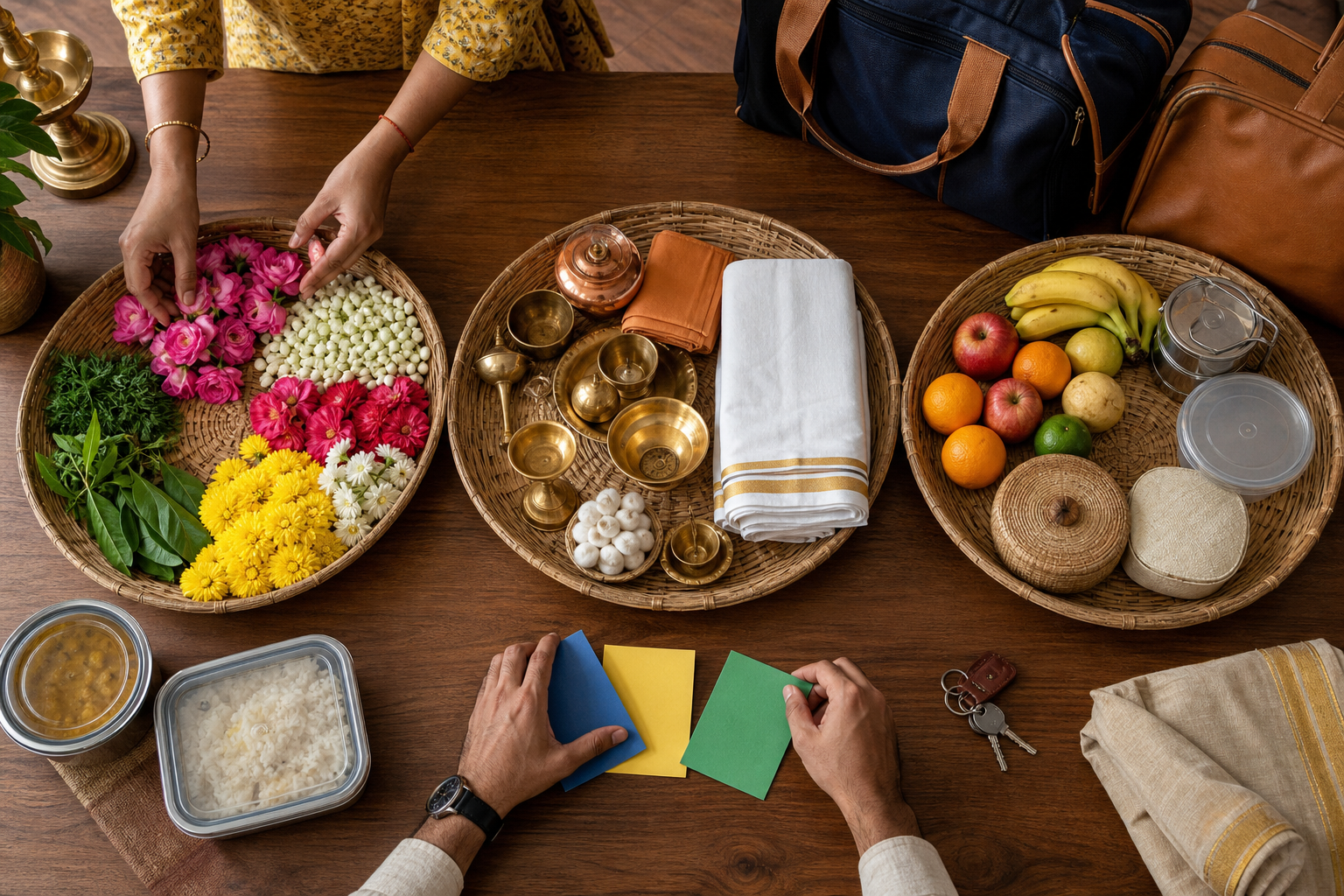 Three organized trays of flowers, brass vessels, cloth, fruit, and other puja supplies are arranged for a multi-day family observance.