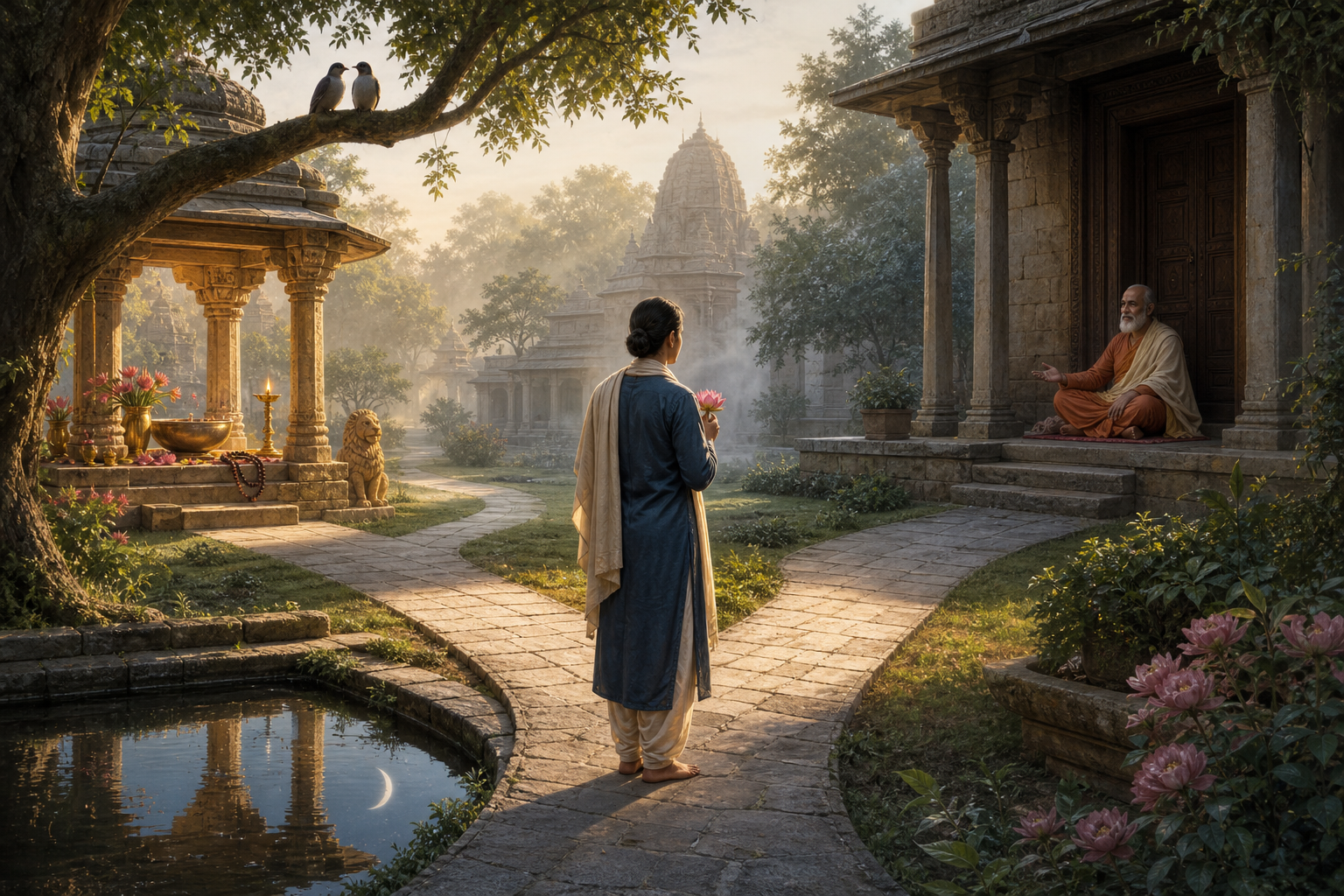 A lotus-holding seeker stands where a courtyard path divides between an open devotional pavilion and a veranda with a waiting teacher.