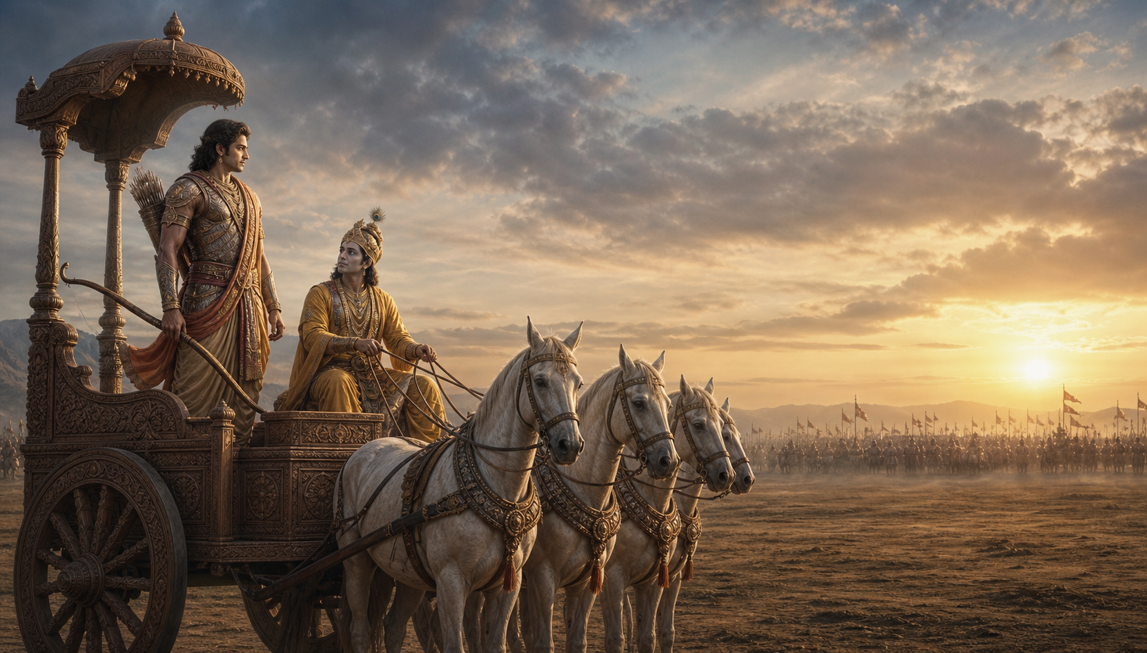 Arjuna stands with his bow lowered beside Krishna in a chariot, facing distant armies beneath a hazy dawn sky.