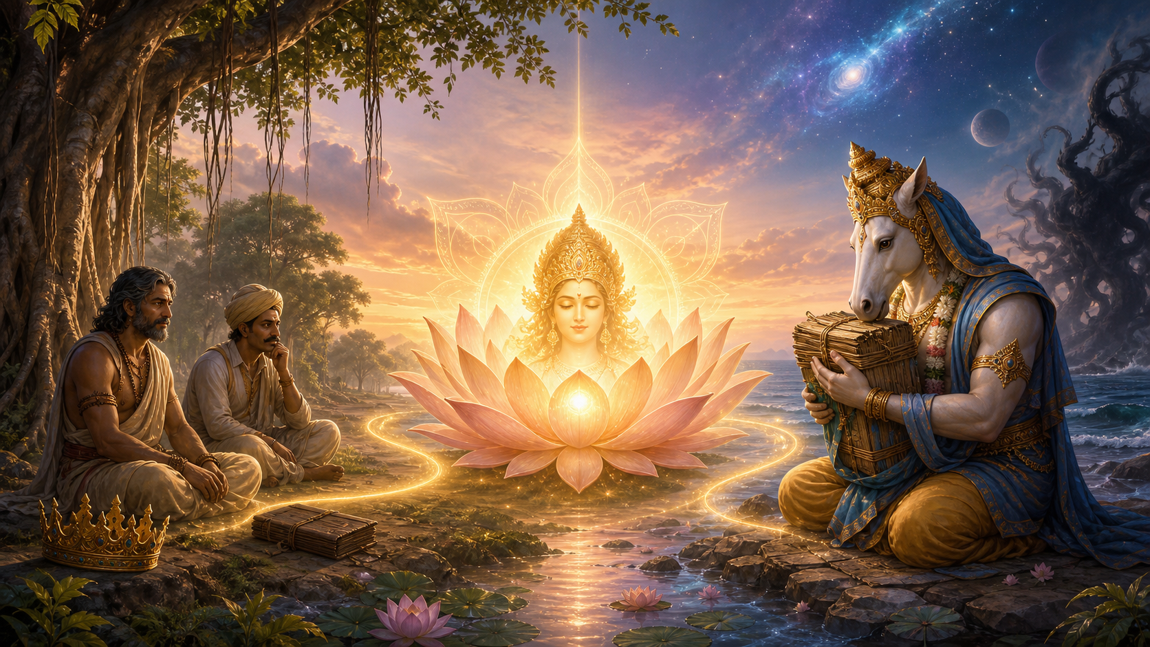 A luminous lotus symbolizing the Devi connects a dispossessed king and merchant in a forest with Hayagriva guarding palm-leaf scriptures beside a cosmic ocean.