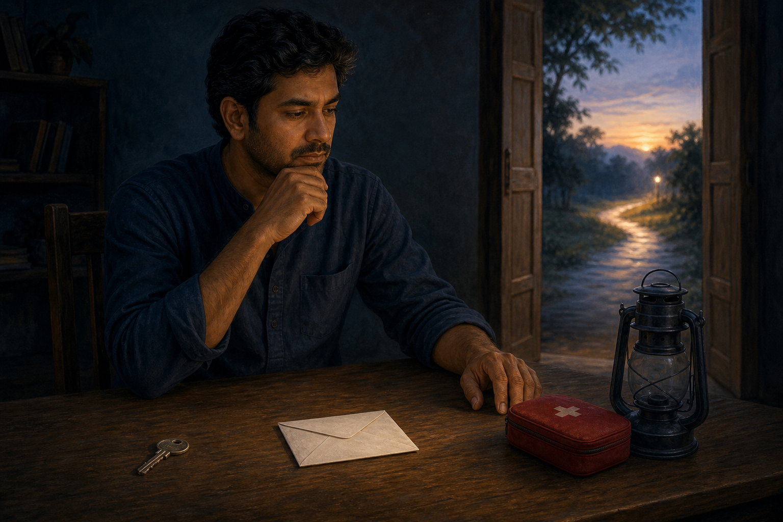 A thoughtful person sits at a table with a house key, a sealed envelope, a lantern, and a first-aid kit before dawn.