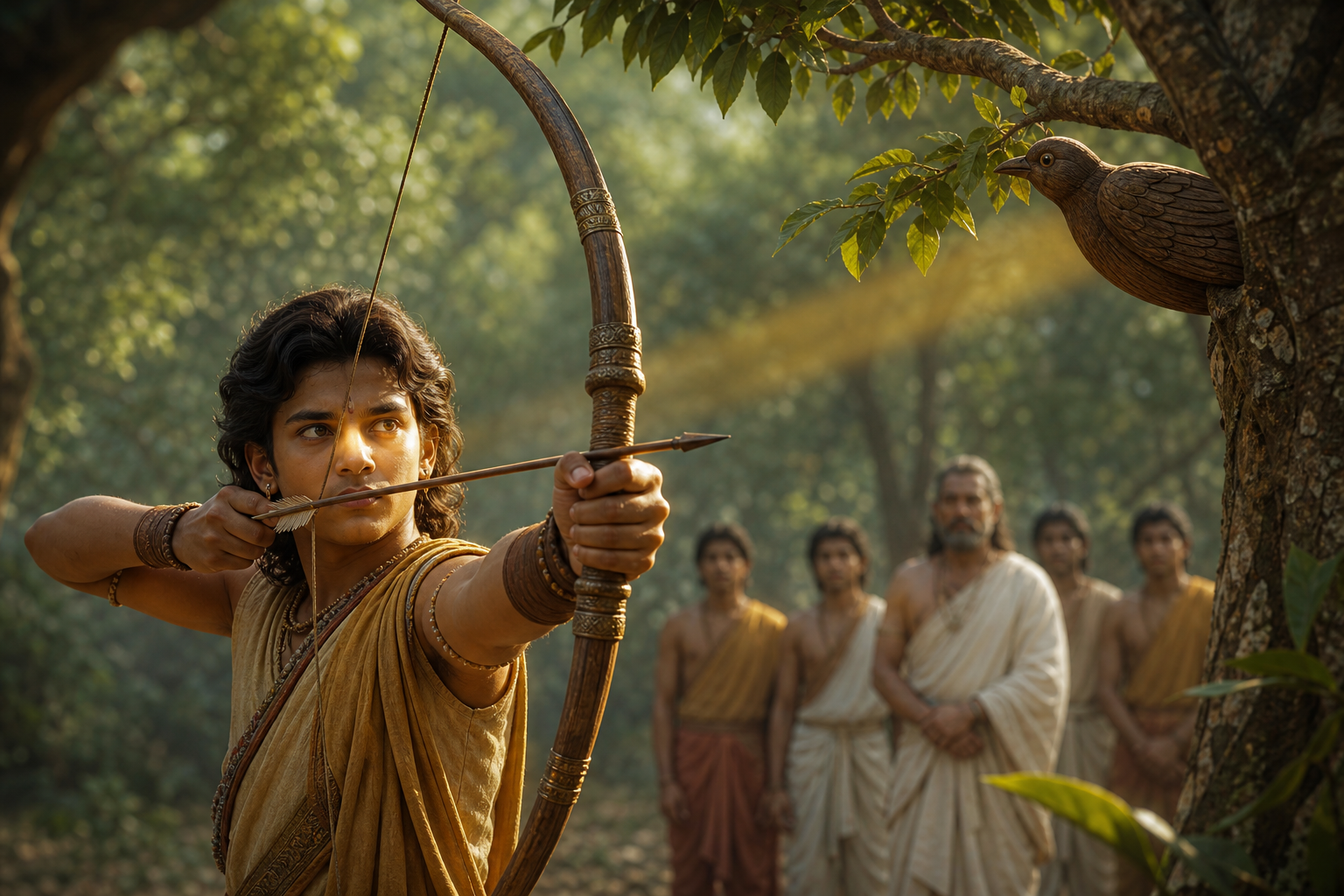 Arjuna aims an arrow at the eye of a carved wooden bird while other pupils watch in a forest clearing.