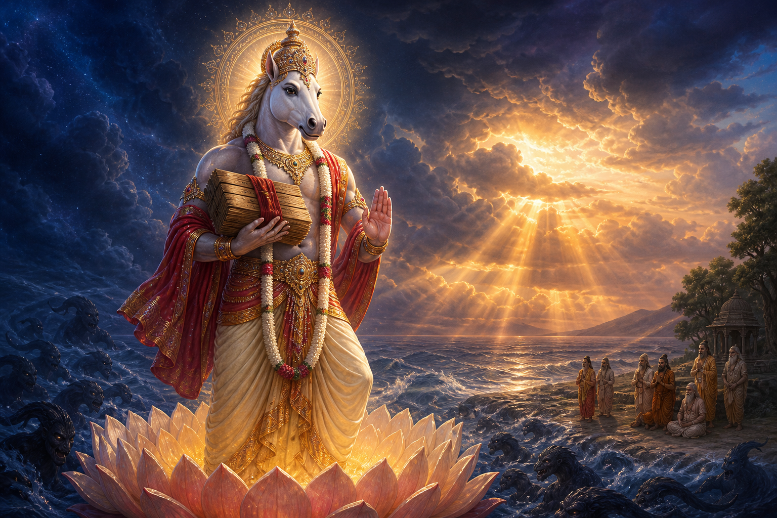 Hayagriva stands above a cosmic ocean holding a bundle of palm-leaf scriptures as dark waters recede and sages wait on the shore.