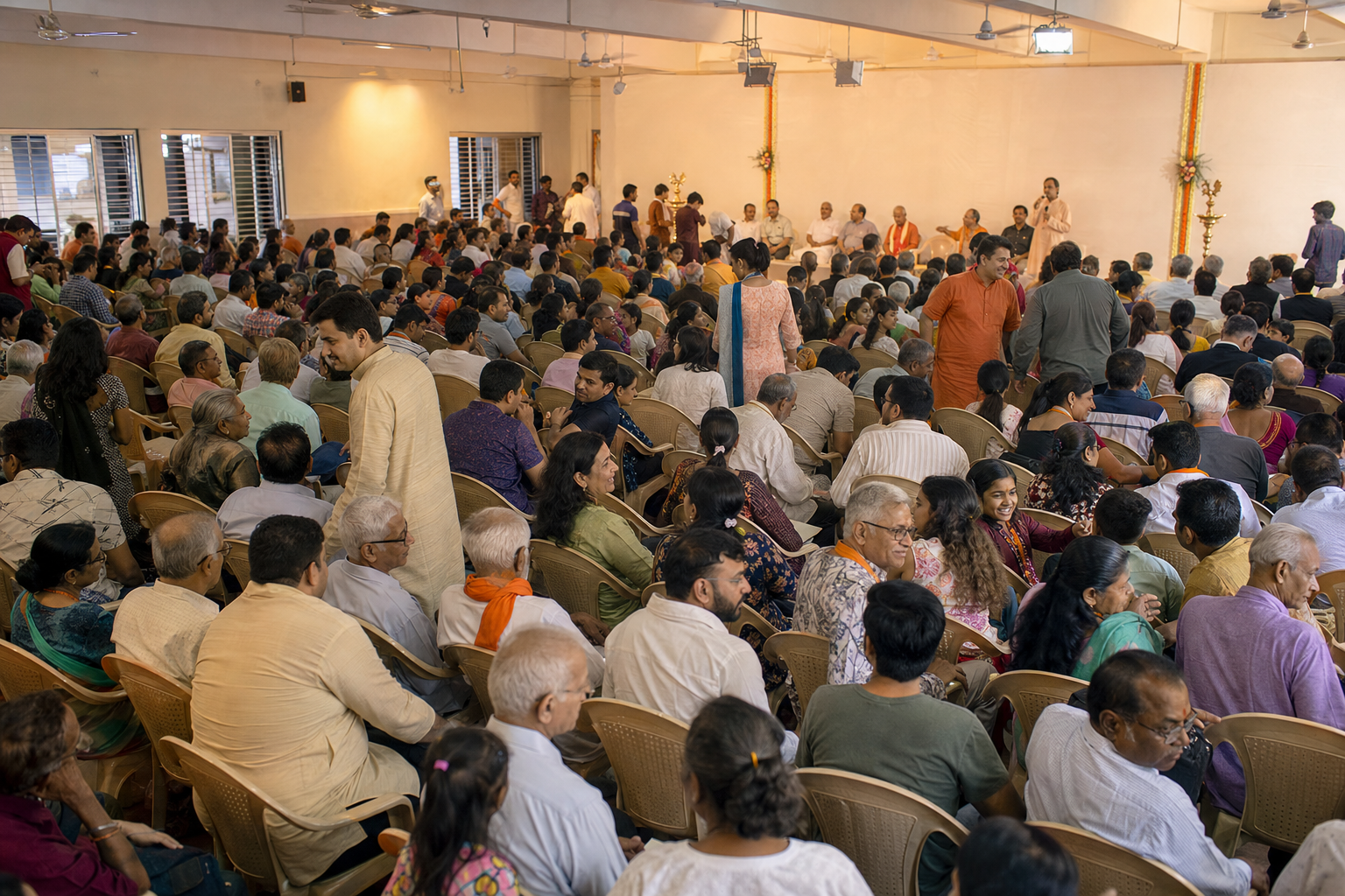 A crowded community hall contains Hindu families, young adults, children, and elders attending an evening neighbourhood gathering.