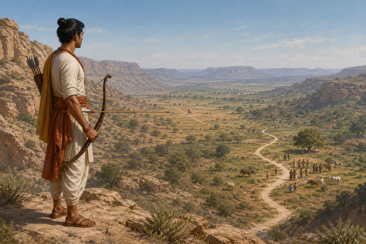 An archer lowers a precisely aimed bow after seeing villagers and animals beyond the distant target.