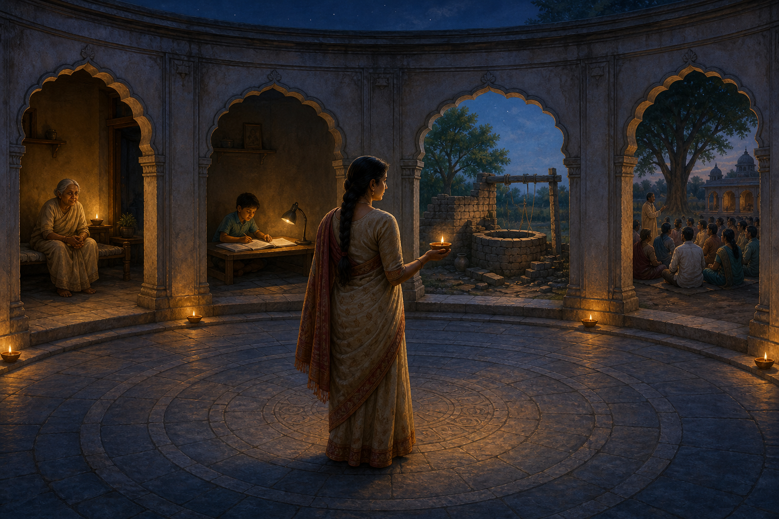 A woman holding a clay lamp considers four courtyard paths leading to family, study, community repair, and public responsibilities.