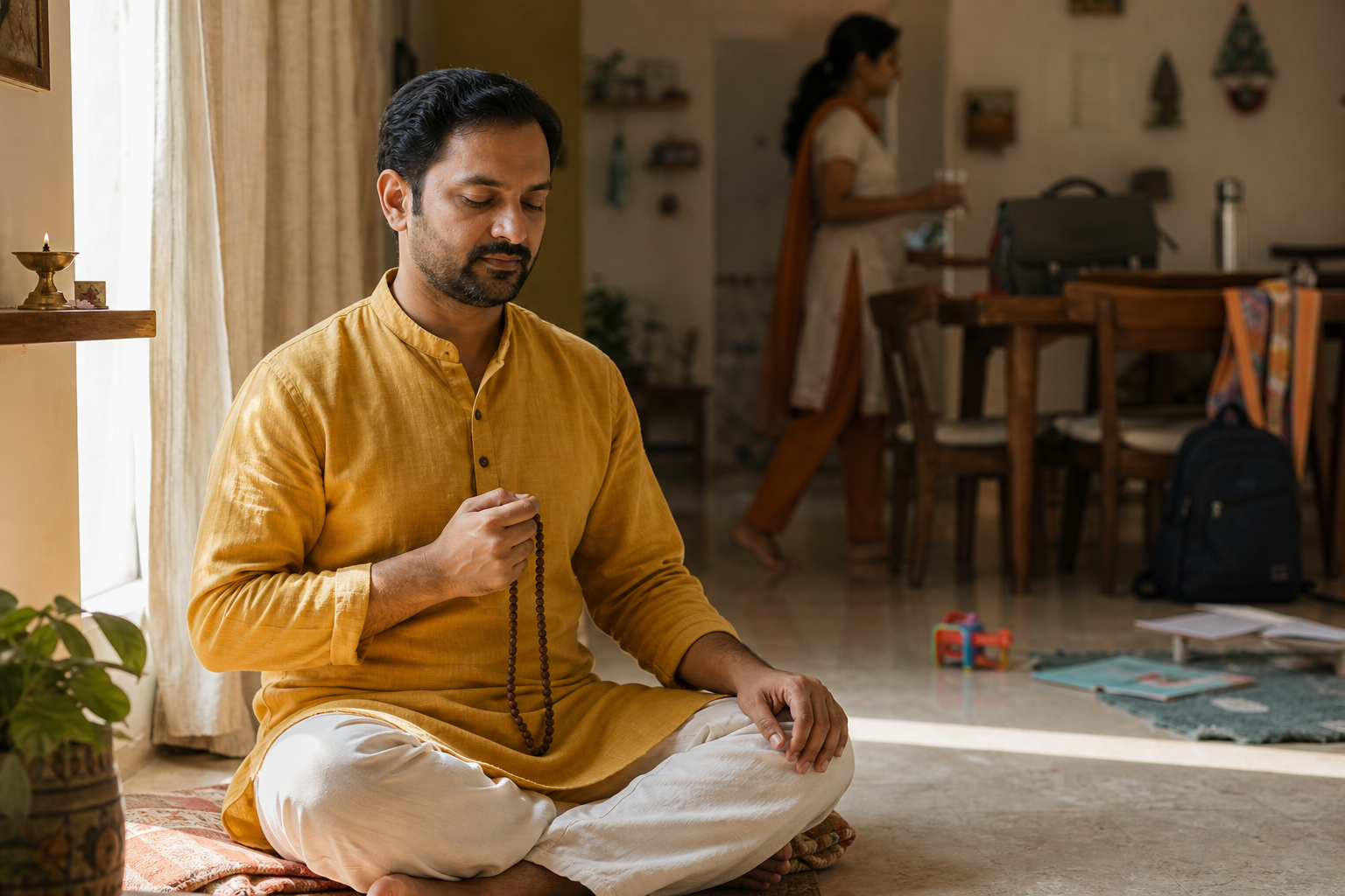 An Indian householder holds a wooden mala while sitting for japa in a sunlit corner of an active family home.