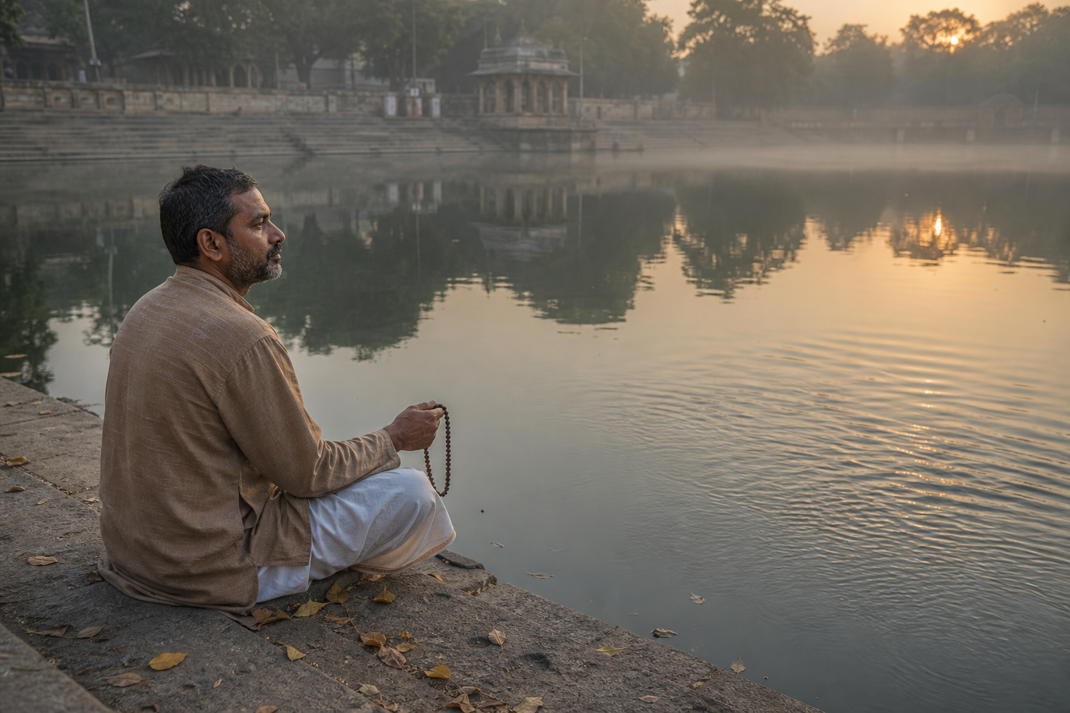 A person holding a mala sits beside a pond where wind-blown ripples give way to calmer water at dawn.