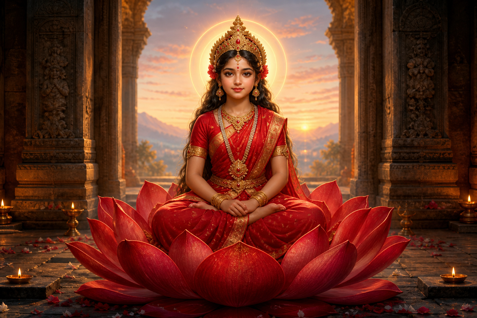 A youthful goddess sits serenely on a crimson lotus in a softly lit stone temple surrounded by oil lamps and flower petals.