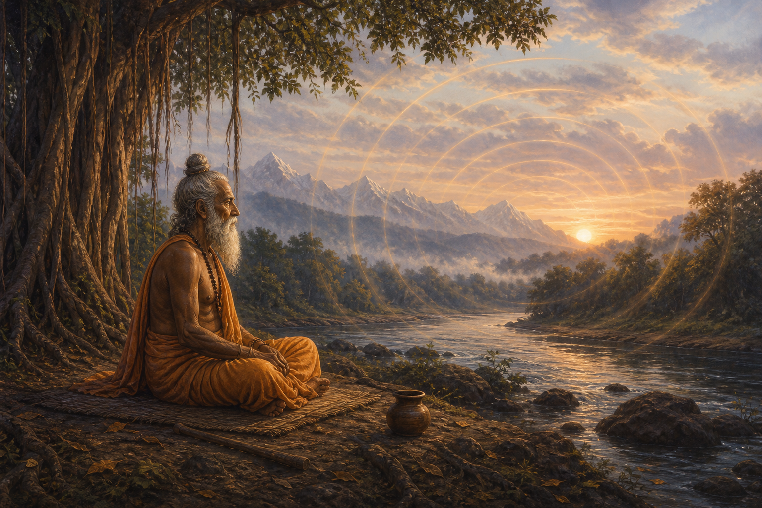 An ancient rishi meditates beside a river at dawn while concentric golden ripples move through the surrounding air.