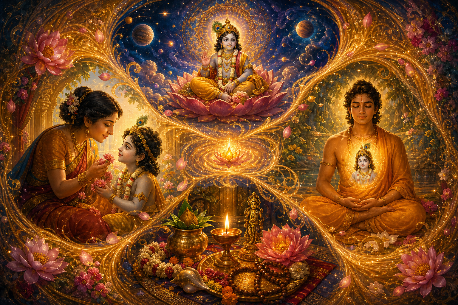 Four connected sacred scenes surround a central lotus flame, showing cosmic symbolism, devotional care, meditation, and ritual worship.