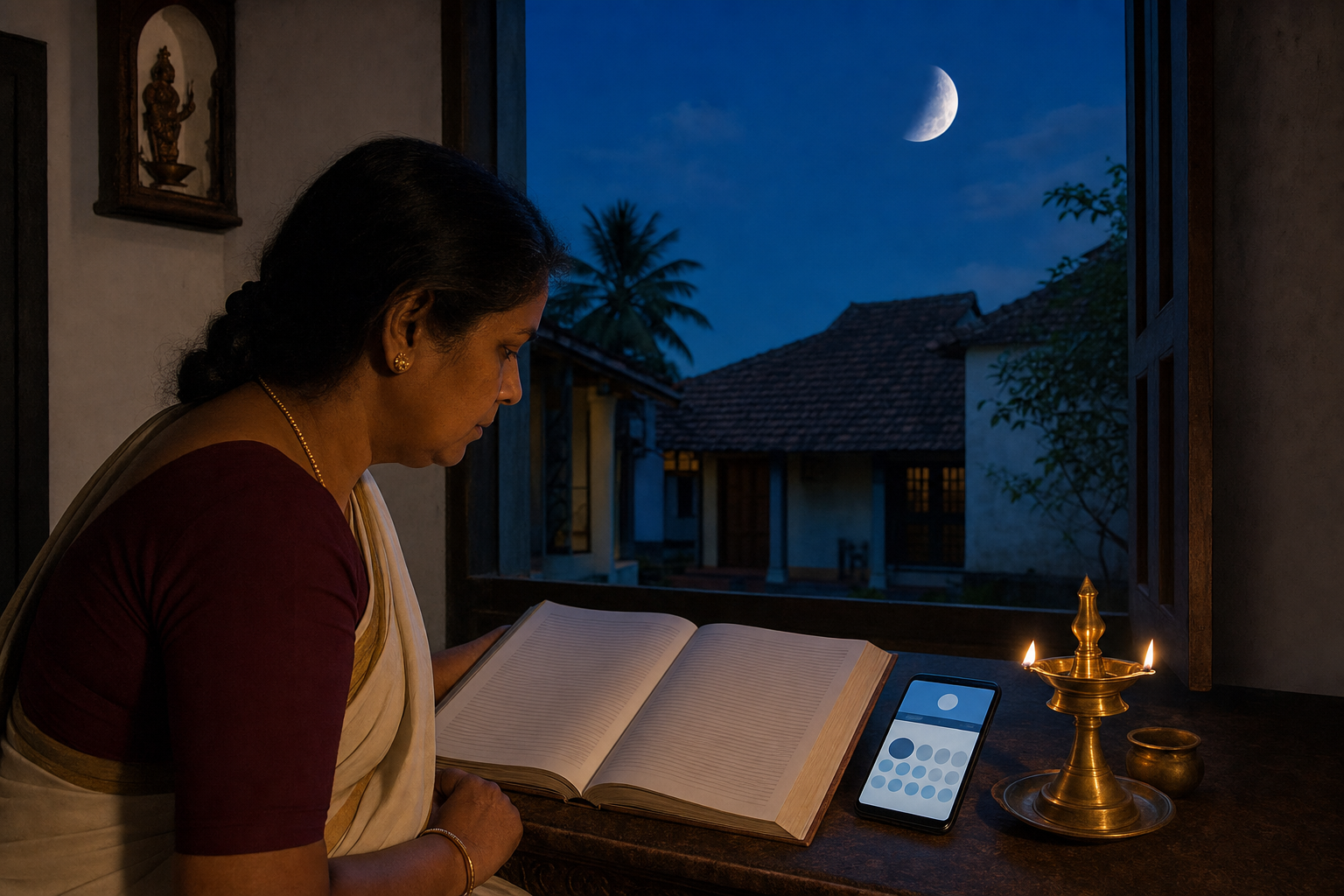 A devotee consults a traditional almanac and a phone beside a brass lamp while a waxing moon is visible outside.