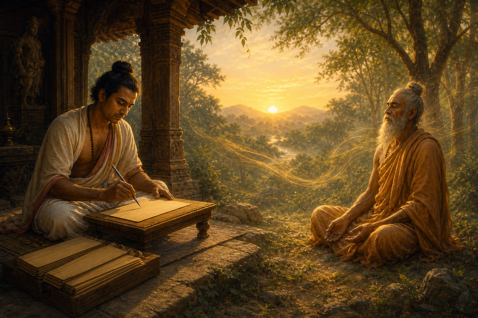 A poet prepares to write on blank palm leaves while, across the same landscape, a forest rishi listens to luminous waves in the air.