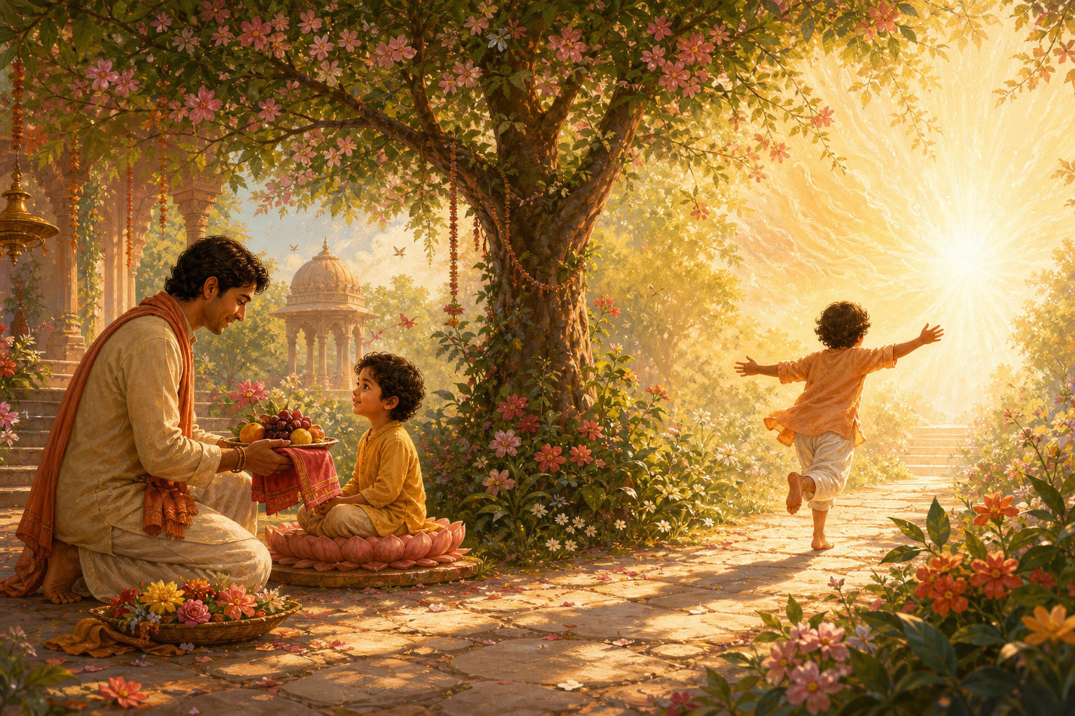 One side shows a devotee caring for a youthful divine figure, while the other shows a child running through a temple garden toward a welcoming light.