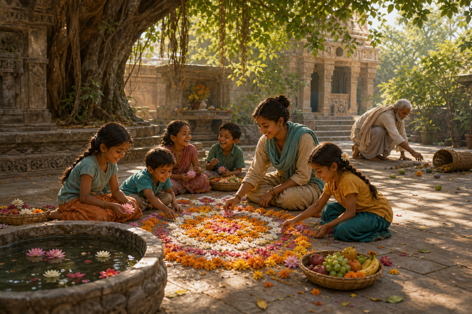 Children and an adult arrange flower petals and float blossoms in a temple courtyard while an elder calmly gathers items from an overturned basket nearby.