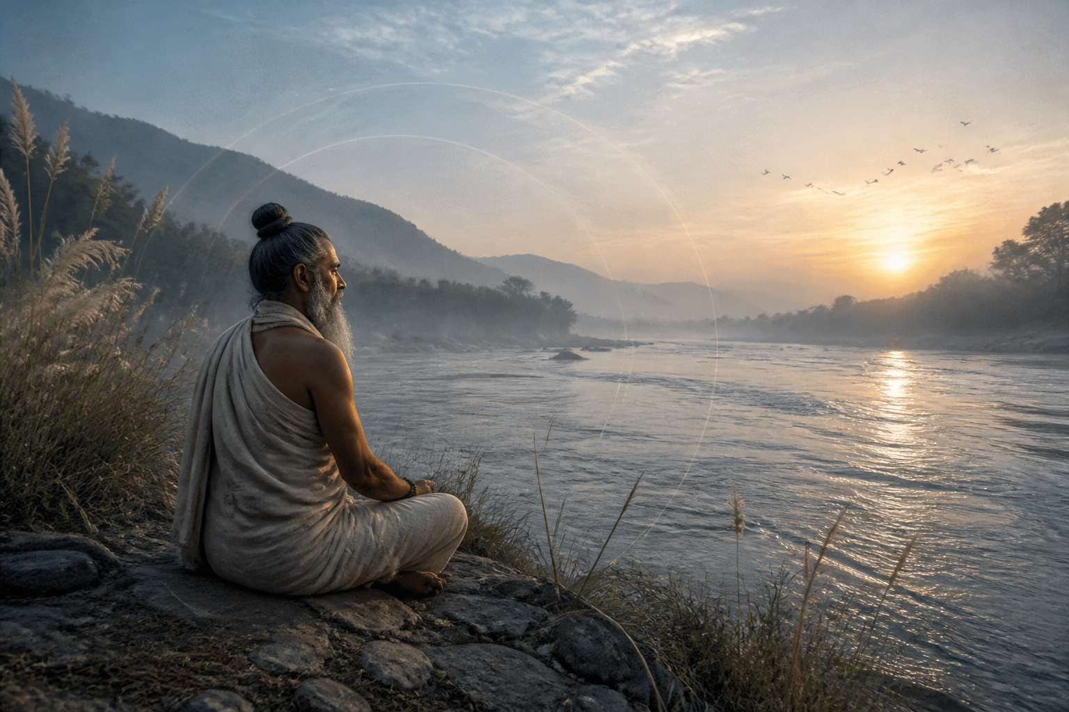 A seated rishi listens beside a river as subtle rings of light pass through the air and reflect on the water.